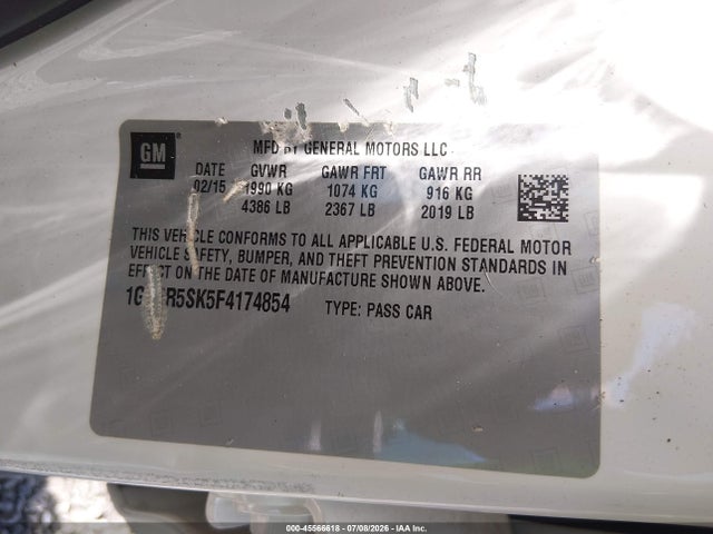 45566618 :رقم المزاد ، 1G4PR5SK5F4174854 vin ، 2015 Buick Verano Convenience Group مزاد بيع