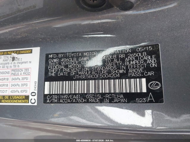 Aukcja sprzedaży 2015 Lexus Rc 350, vin: JTHSE5BC0F5004204, numer aukcji: 45566635