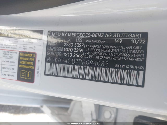 45566650 :رقم المزاد ، W1KAF4GB7PR094083 vin ، 2023 Mercedes-benz C 300 Sedan مزاد بيع