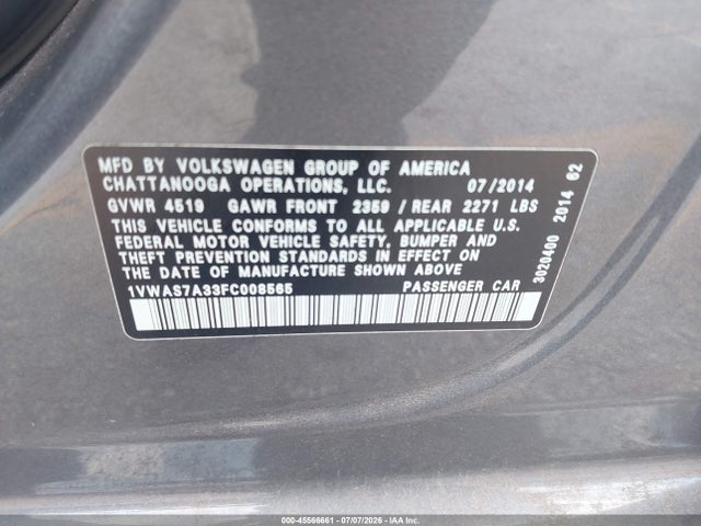 Продажа на аукционе авто 2015 Volkswagen Passat 1.8t Limited Edition/1.8t S/1.8t Wolfsburg Edition, vin: 1VWAS7A33FC008565, номер лота: 45566661