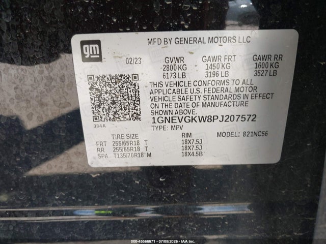 45566671 :رقم المزاد ، 1GNEVGKW8PJ207572 vin ، 2023 Chevrolet Traverse Awd Lt Cloth مزاد بيع