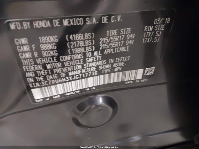 Aukcja sprzedaży 2018 Honda Hr-v Lx, vin: 3CZRU6H3XJG717736, numer aukcji: 45566675