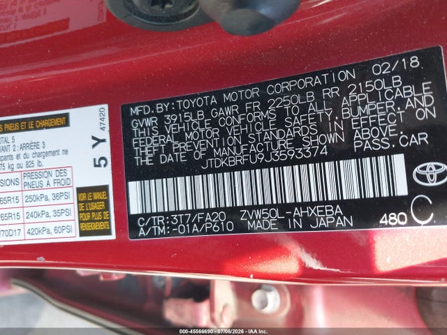 Продаж на аукціоні авто 2018 Toyota Prius Two, vin: JTDKBRFU9J3593374, номер лоту: 45566690