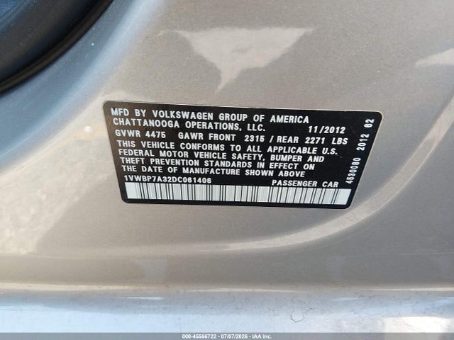 Продаж на аукціоні авто 2013 Volkswagen Passat 2.5l Se, vin: 1VWBP7A32DC061406, номер лоту: 45566722