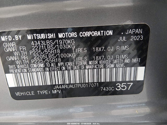 Продаж на аукціоні авто 2023 Mitsubishi Outlander Sport 2.0 Se Awc, vin: JA4ARUAU7PU017071, номер лоту: 45566745