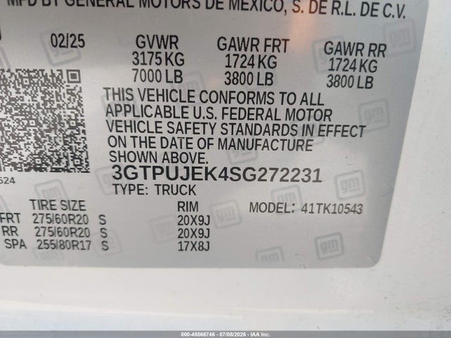 Продаж на аукціоні авто 2025 Gmc Sierra 1500, vin: 3GTPUJEK4SG272231, номер лоту: 45566746