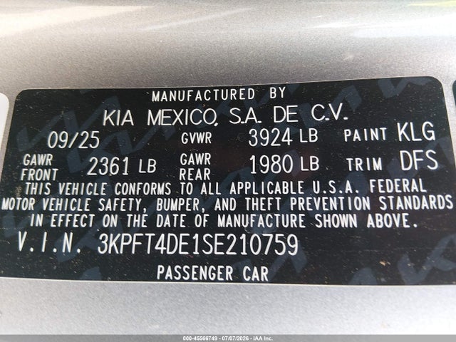 KIA K4 Lxs 2025 3KPFT4DE1SE210759 Image 9