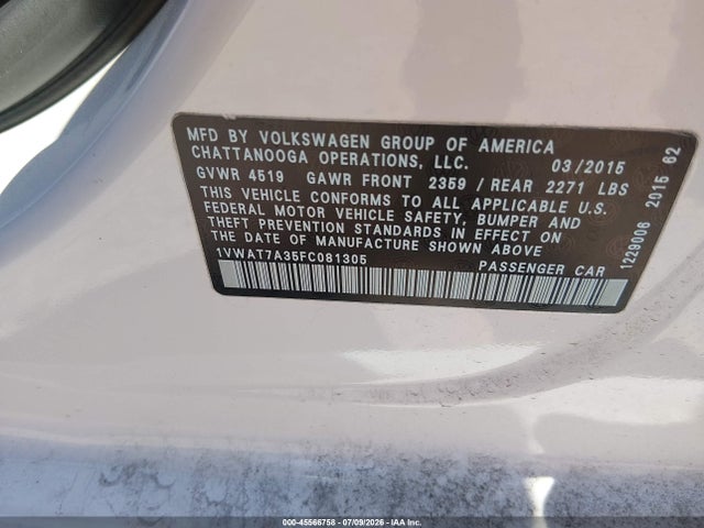 2015 Volkswagen Passat 1.8t Limited Edition მანქანა იყიდება აუქციონზე, vin: 1VWAT7A35FC081305, აუქციონის ნომერი: 45566758