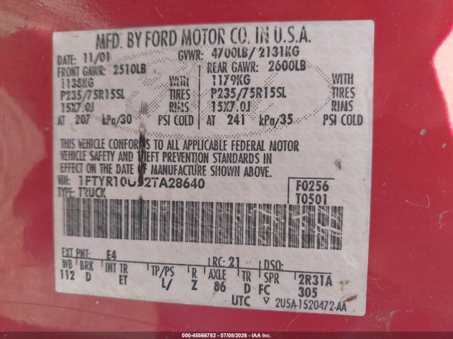 Aukcja sprzedaży 2002 Ford Ranger Edge/xl/xlt, vin: 1FTYR10U52TA28640, numer aukcji: 45566782