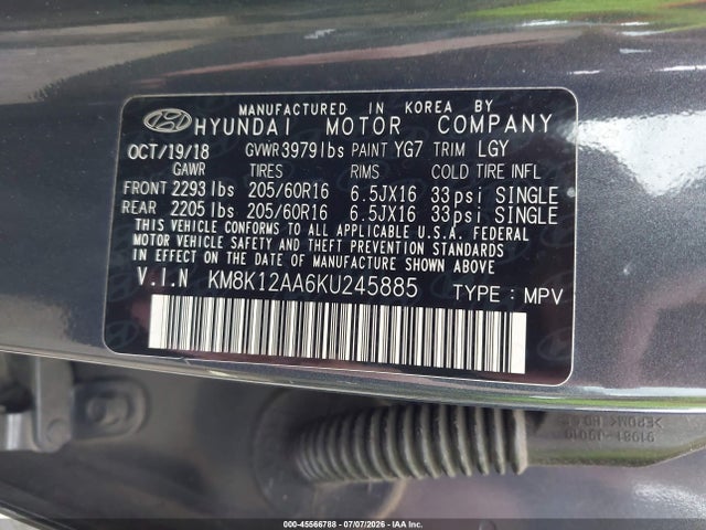 Aukcja sprzedaży 2019 Hyundai Kona Se, vin: KM8K12AA6KU245885, numer aukcji: 45566788