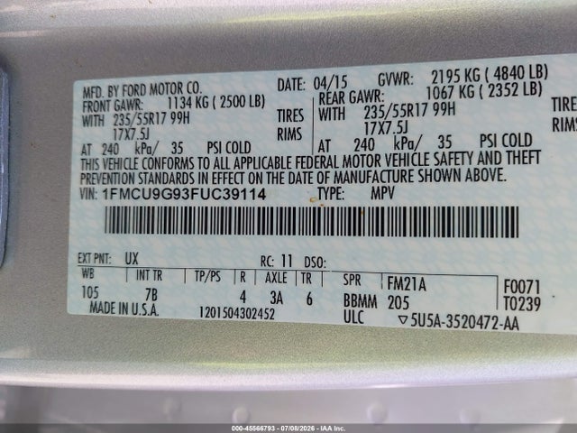 Продажа на аукционе авто 2015 Ford Escape Se, vin: 1FMCU9G93FUC39114, номер лота: 45566793