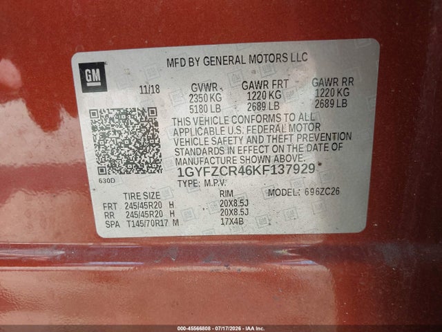 45566808 :رقم المزاد ، 1GYFZCR46KF137929 vin ، 2019 Cadillac Xt4 Premium Luxury مزاد بيع