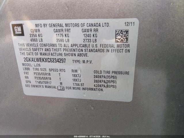 2012 Gmc Terrain Slt-2 მანქანა იყიდება აუქციონზე, vin: 2GKALWEKXC6234297, აუქციონის ნომერი: 45566814