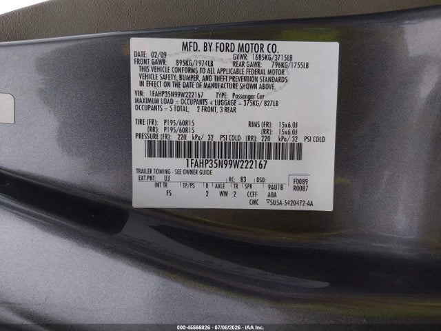 Продажа на аукционе авто 2009 Ford Focus Se, vin: 1FAHP35N99W222167, номер лота: 45566826