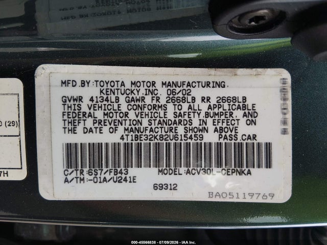 Продажа на аукционе авто 2002 Toyota Camry Le, vin: 4T1BE32K82U615459, номер лота: 45566838