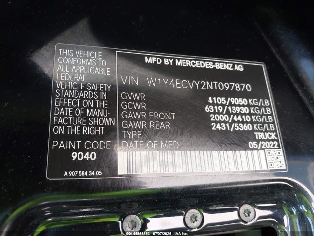 W1Y4ECVY2NT097870 Mercedes-Benz Sprinter 2500 High Roof V6