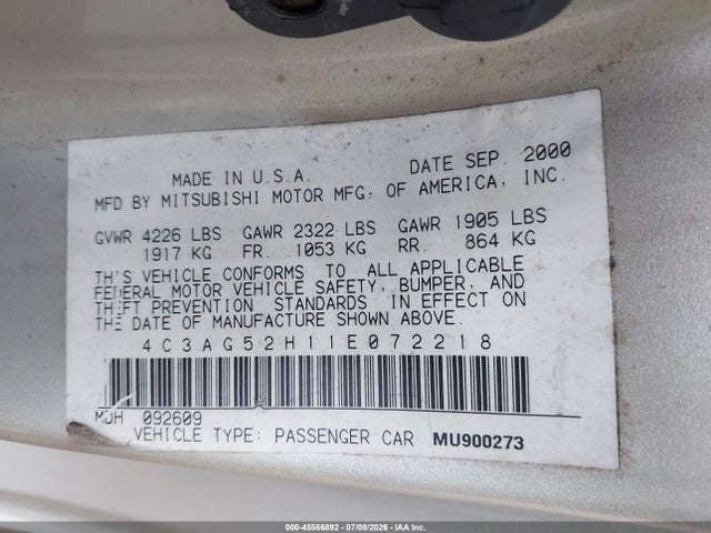 Продаж на аукціоні авто 2001 Chrysler Sebring Lxi, vin: 4C3AG52H11E072218, номер лоту: 45566892