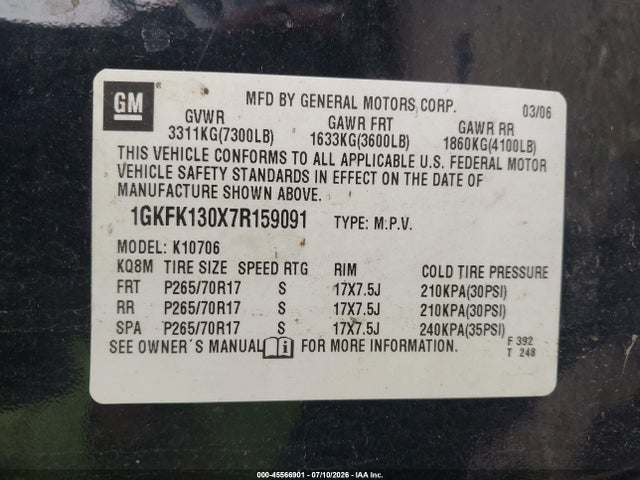 2007 Gmc Yukon Sle მანქანა იყიდება აუქციონზე, vin: 1GKFK130X7R159091, აუქციონის ნომერი: 45566901