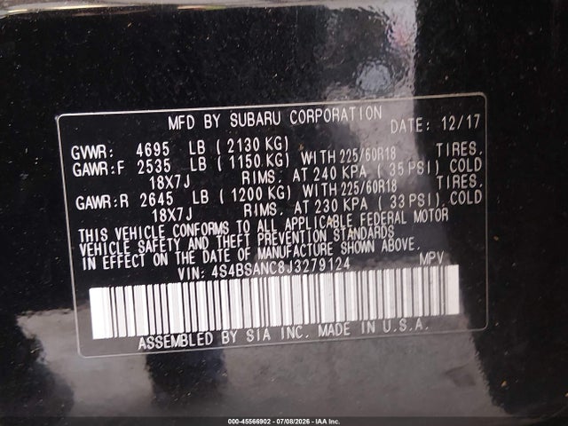 Auction sale of the 2018 Subaru Outback 2.5i Limited, vin: 4S4BSANC8J3279124, lot number: 45566902