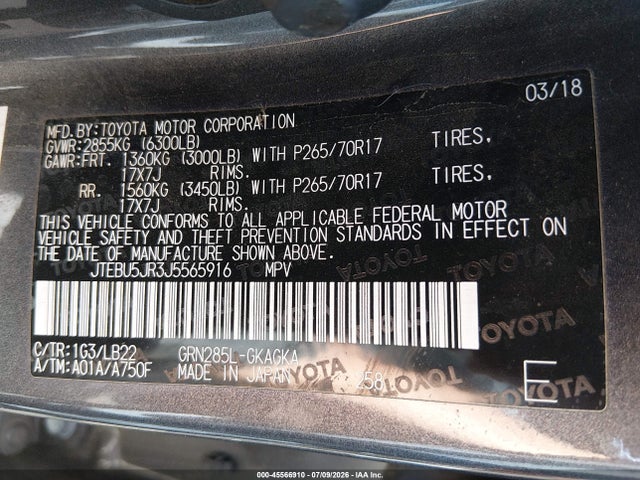 Toyota 4runner Sr5 Premium 2018 JTEBU5JR3J5565916 Image 9