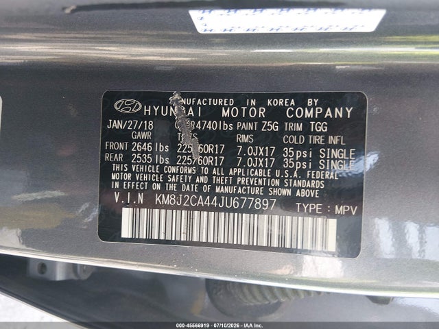 45566919 :رقم المزاد ، KM8J2CA44JU677897 vin ، 2018 Hyundai Tucson Se مزاد بيع