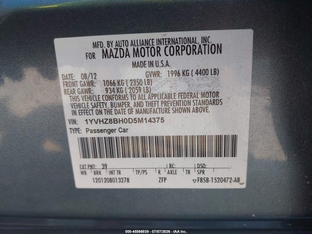 Aukcja sprzedaży 2013 Mazda Mazda6 I Sport, vin: 1YVHZ8BH0D5M14375, numer aukcji: 45566939
