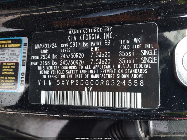 45566942 :رقم المزاد ، 5XYP3DGC0RG524558 vin ، 2024 Kia Telluride Ex مزاد بيع