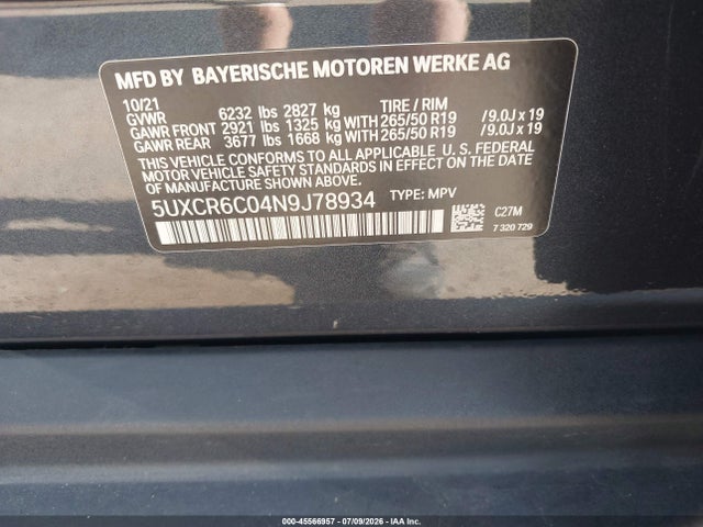 45566957 :رقم المزاد ، 5UXCR6C04N9J78934 vin ، 2022 Bmw X5 Xdrive40i مزاد بيع