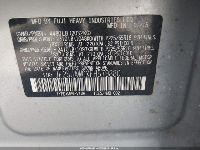 Продаж на аукціоні авто 2015 Subaru Forester 2.5i Touring, vin: JF2SJAWCXFH579880, номер лоту: 45566958