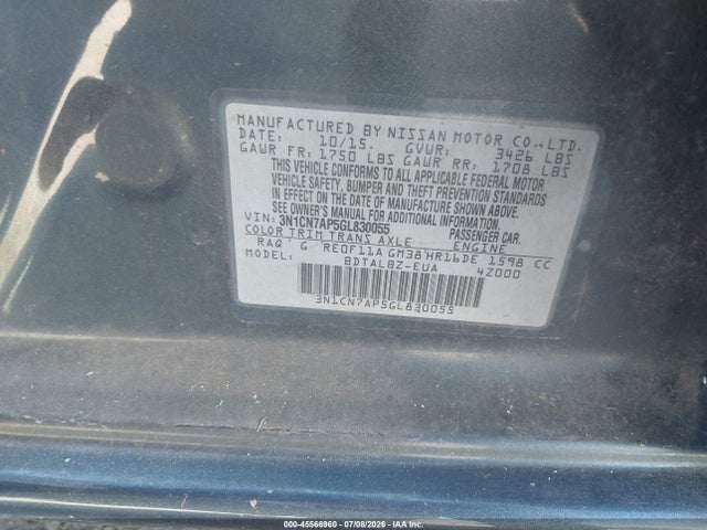 3N1CN7AP5GL830055 Nissan Versa 1.6 S/1.6 S+/1.6 Sl/1.6 Sv