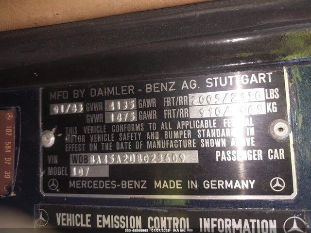 45566968 :رقم المزاد ، WDBBA45A2DB023609 vin ، 1983 Mercedes-benz 380 Sl مزاد بيع