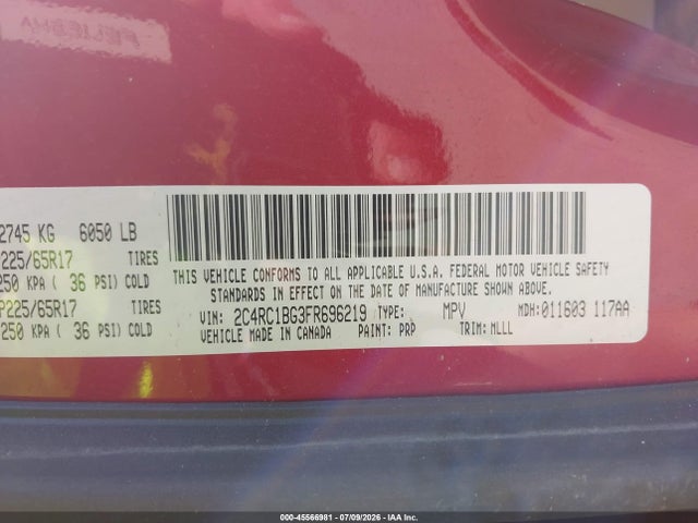 45566981 :رقم المزاد ، 2C4RC1BG3FR696219 vin ، 2015 Chrysler Town & Country Touring مزاد بيع