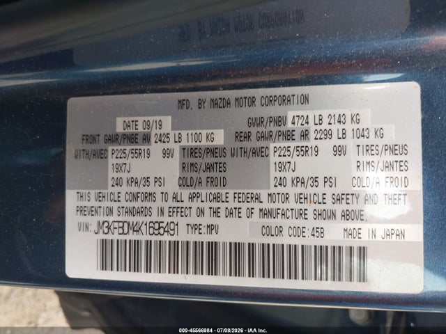 45566984 :رقم المزاد ، JM3KFBDM4K1695491 vin ، 2019 Mazda Cx-5 Grand Touring مزاد بيع