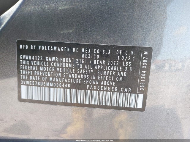 2021 Volkswagen Jetta 1.4t R-line/1.4t Se/s მანქანა იყიდება აუქციონზე, vin: 3VWC57BU5MM090446, აუქციონის ნომერი: 45567002