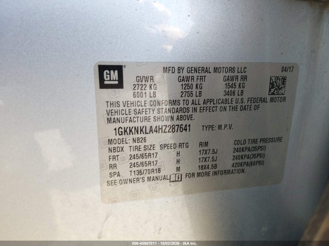 Aukcja sprzedaży 2017 Gmc Acadia Sle-1, vin: 1GKKNKLA4HZ287641, numer aukcji: 45567011