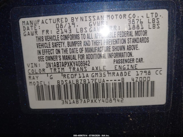 Aukcja sprzedaży 2019 Nissan Sentra S, vin: 3N1AB7APXKY408942, numer aukcji: 45567014