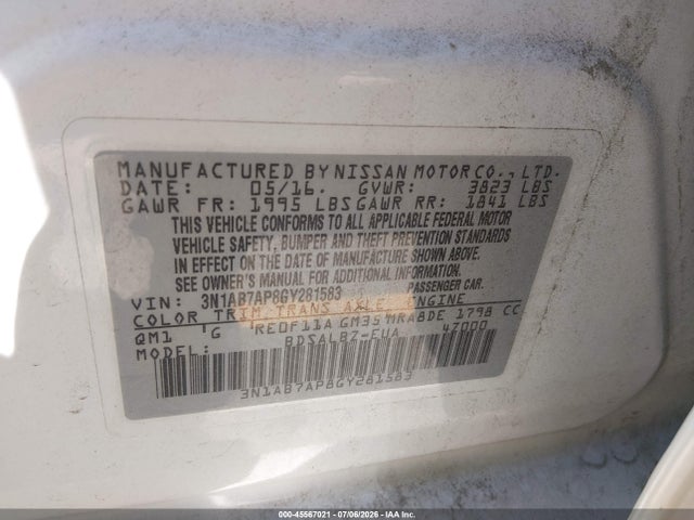 2016 Nissan Sentra Fe+ S/s/sl/sr/sv მანქანა იყიდება აუქციონზე, vin: 3N1AB7AP8GY281583, აუქციონის ნომერი: 45567021