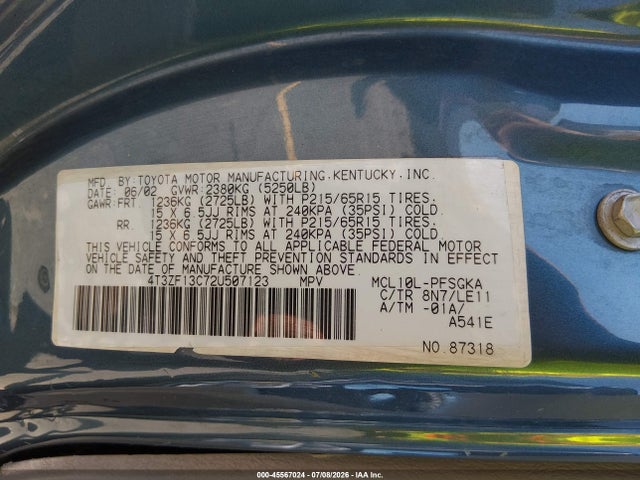 Продажа на аукционе авто 2002 Toyota Sienna Xle, vin: 4T3ZF13C72U507123, номер лота: 45567024