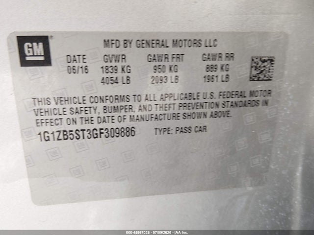 Aukcja sprzedaży 2016 Chevrolet Malibu Ls, vin: 1G1ZB5ST3GF309886, numer aukcji: 45567026