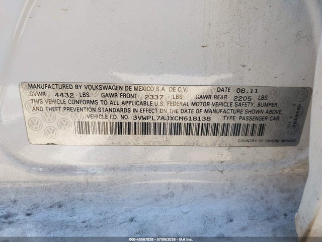 Продажа на аукционе авто 2012 Volkswagen Jetta Sportwagen 2.0l Tdi, vin: 3VWPL7AJXCM618138, номер лота: 45567038