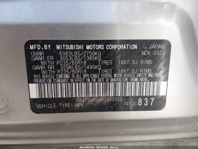 45567051 :رقم المزاد ، JA4T5UA94RZ032052 vin ، 2024 Mitsubishi Outlander Phev Es S-awc مزاد بيع