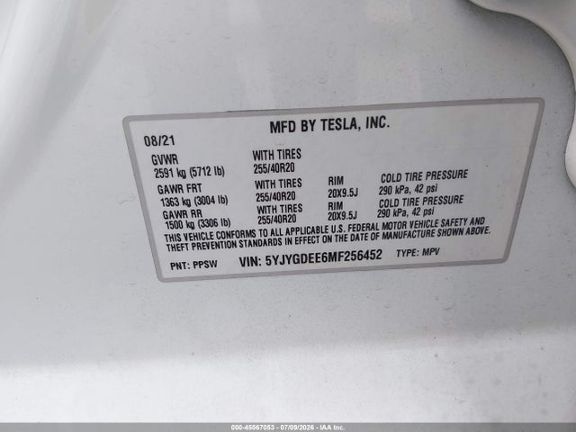 2021 Tesla Model Y Long Range Dual Motor All-wheel Drive მანქანა იყიდება აუქციონზე, vin: 5YJYGDEE6MF256452, აუქციონის ნომერი: 45567053