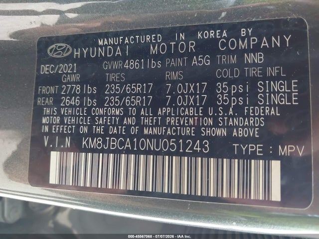 45567068 :رقم المزاد ، KM8JBCA10NU051243 vin ، 2022 Hyundai Tucson Hybrid Blue مزاد بيع