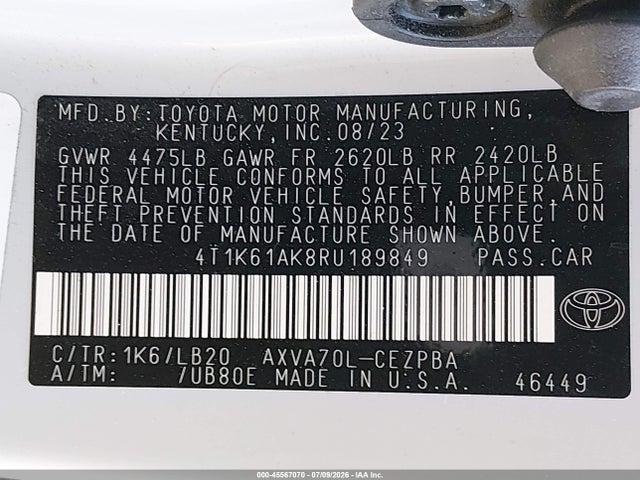 Aukcja sprzedaży 2024 Toyota Camry Xse, vin: 4T1K61AK8RU189849, numer aukcji: 45567070