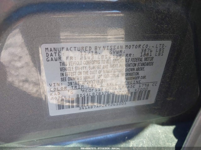 Aukcja sprzedaży 2019 Nissan Sentra S, vin: 3N1AB7AP2KY261001, numer aukcji: 45567075