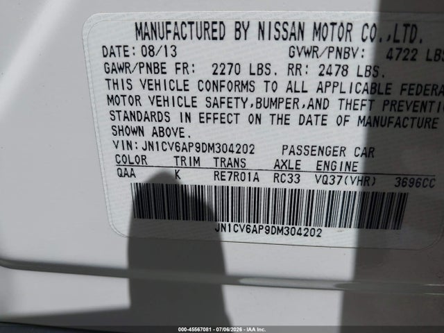 Продажа на аукционе авто 2013 Infiniti G37 Journey, vin: JN1CV6AP9DM304202, номер лота: 45567081