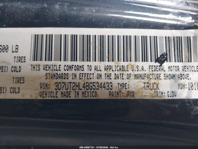 45567101 :رقم المزاد ، 3D7UT2HL4BG534433 vin ، 2011 Ram Ram 2500 Laramie مزاد بيع