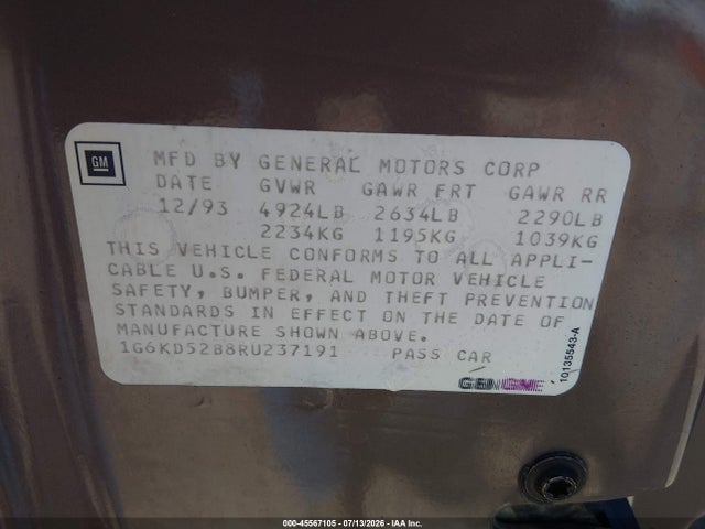 Продажа на аукционе авто 1994 Cadillac Deville, vin: 1G6KD52B8RU237191, номер лота: 45567105