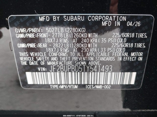 Продажа на аукционе авто 2026 Subaru Outback Premium, vin: JF2BUPBD5TY541493, номер лота: 45567111