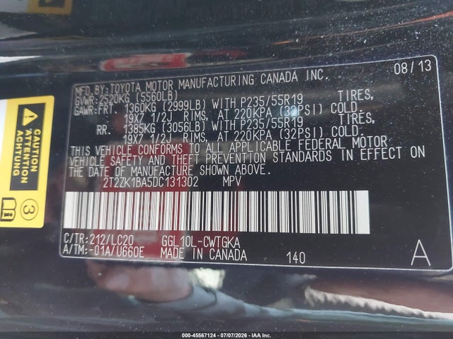45567124 :رقم المزاد ، 2T2ZK1BA5DC131302 vin ، 2013 Lexus Rx 350 مزاد بيع